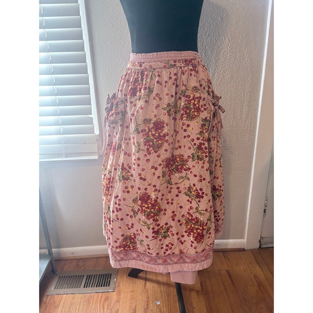 Pink House vintage Japan Pink Skirt with cherry print apron overlay one size